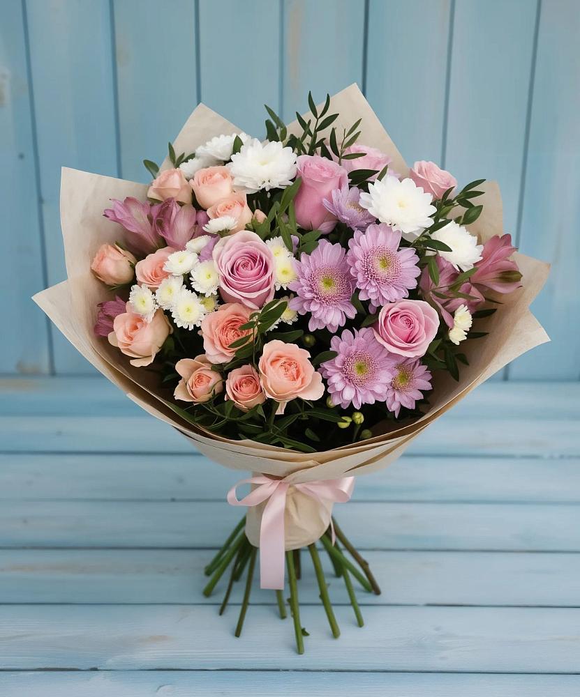 Букет цветов из: Хризантемы, Розы и Альстромерии в Новоржеве