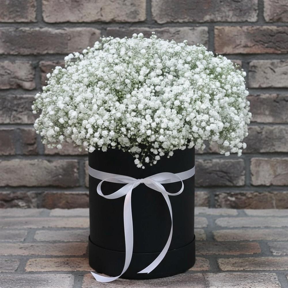 Цветочная композиция из Гипсофила в шляпной коробке в Новоржеве