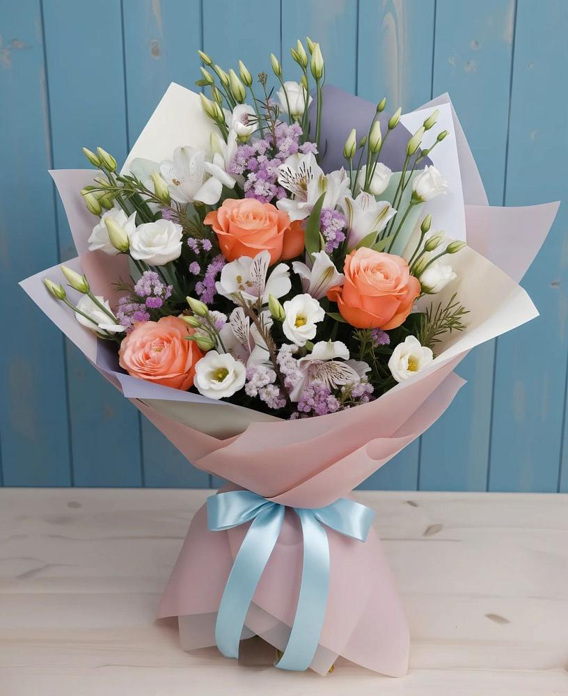 Букет цветов из: Лизиантусы, Розы, Альстромерии и Гипсофила в Новоржеве
