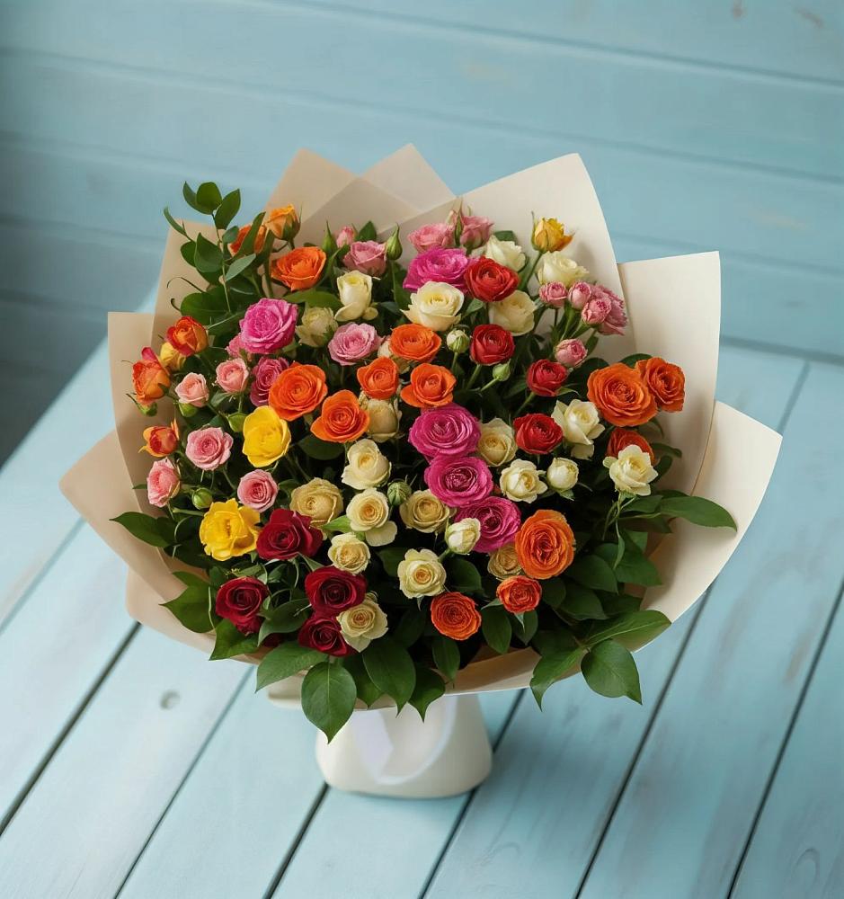 Букет Микс из разноцветных кустовых роз в Новоржеве