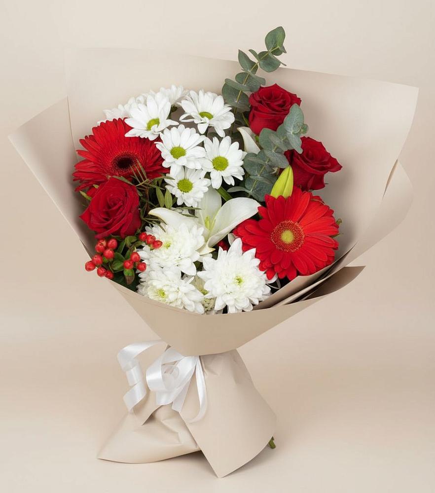 Букет цветов из: Розы, Хризантемы, Герберы и Лилии в Новоржеве