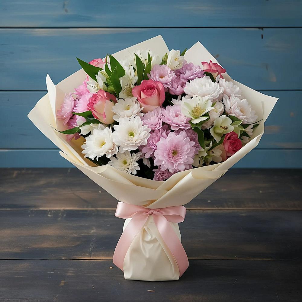 Букет цветов из: Хризантемы, Альстромерии и Розы в Новоржеве